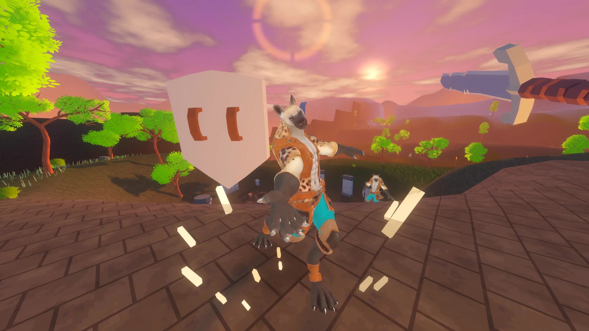 Ashburrow VR melee, blocking a gnoll warrior with a shield at sunset