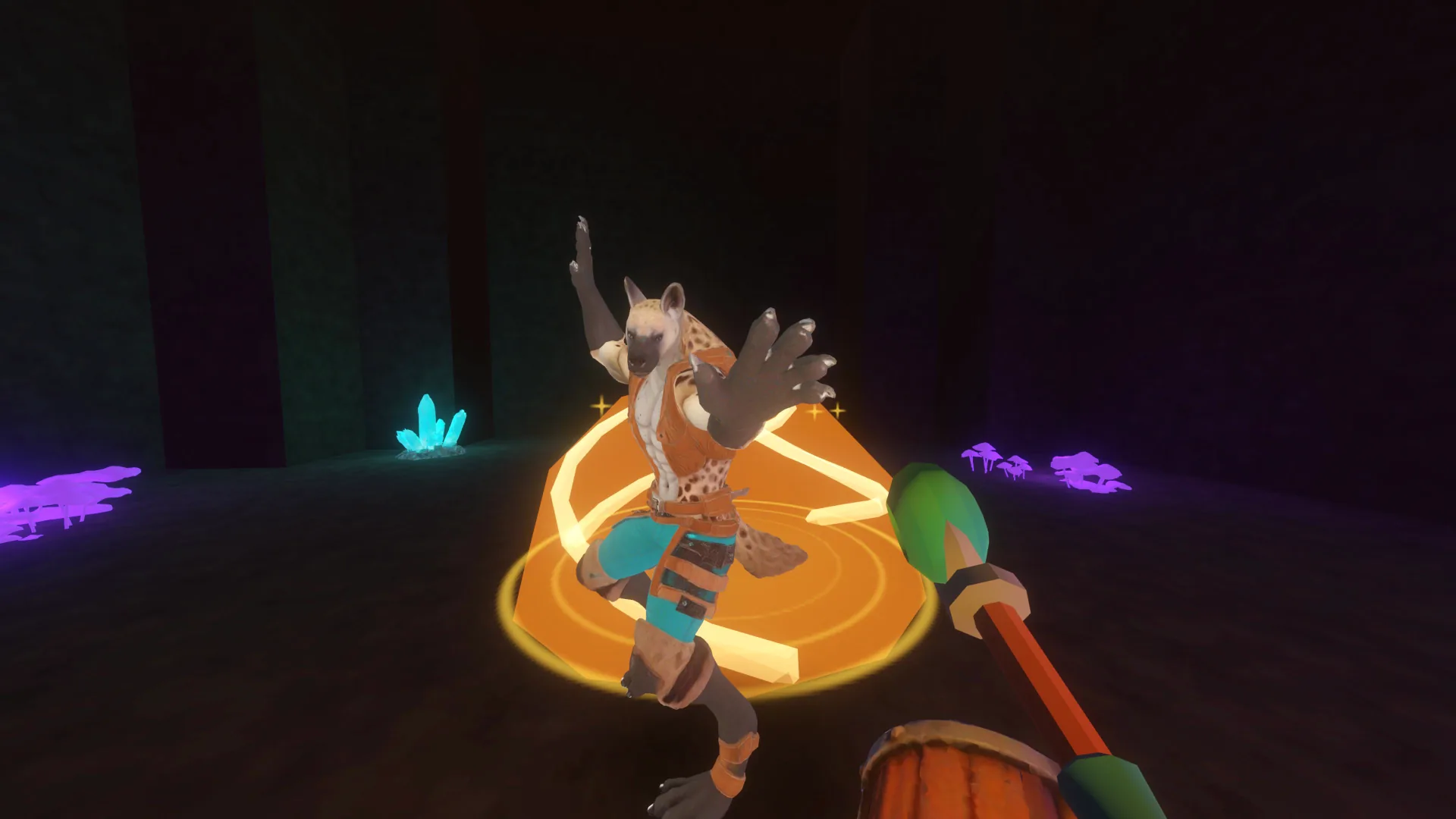 Ashburrow VR spellcasting, a staff raised against a gnoll in a crystal-lit cave